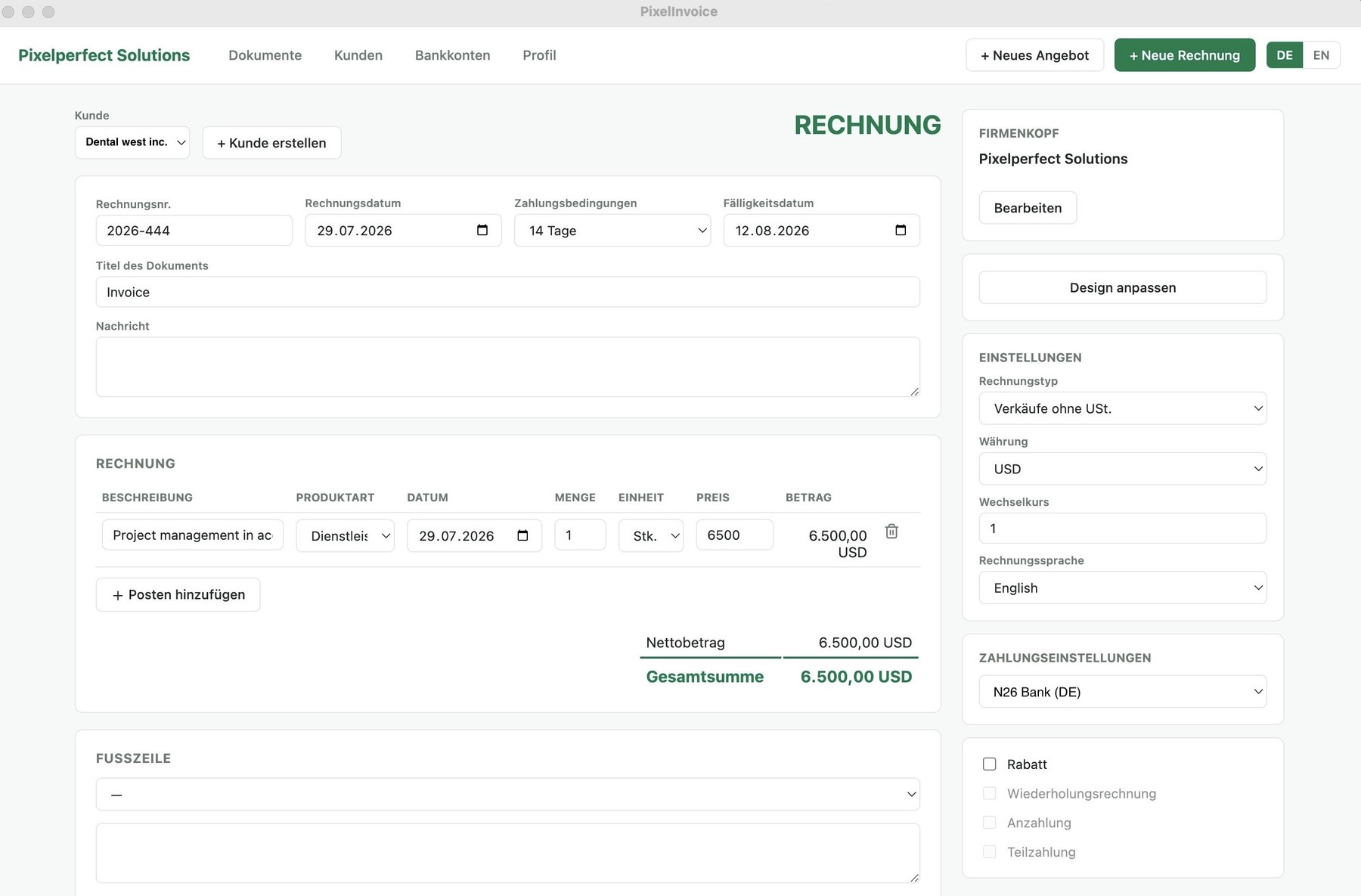 Zahly Desktop-App: Rechnungsformular mit Firmenkopf, Einstellungen und Zahlungsdetails