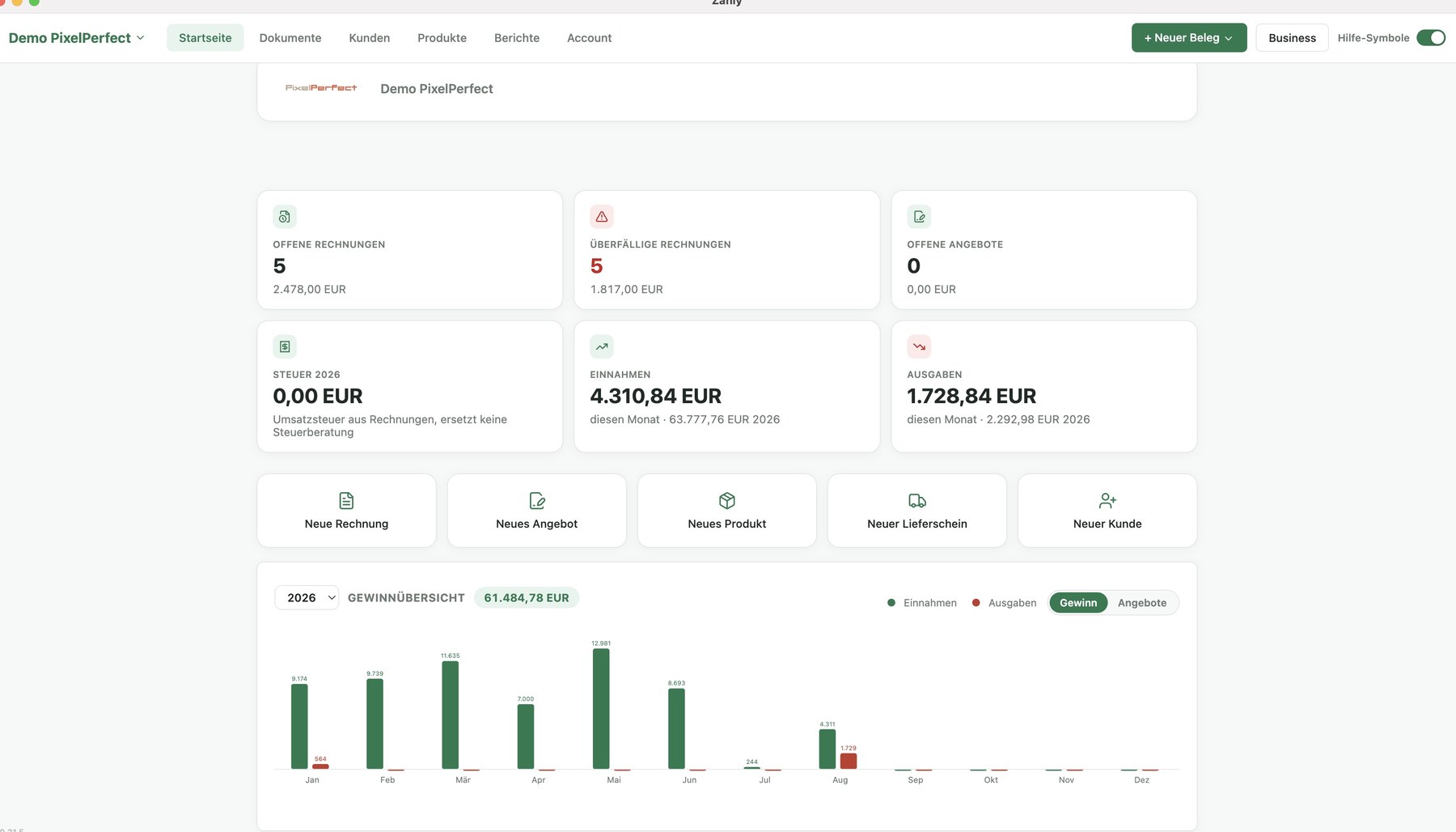 Zahly Desktop-App: Startseite mit offenen Rechnungen, Einnahmen/Ausgaben und Gewinnübersicht