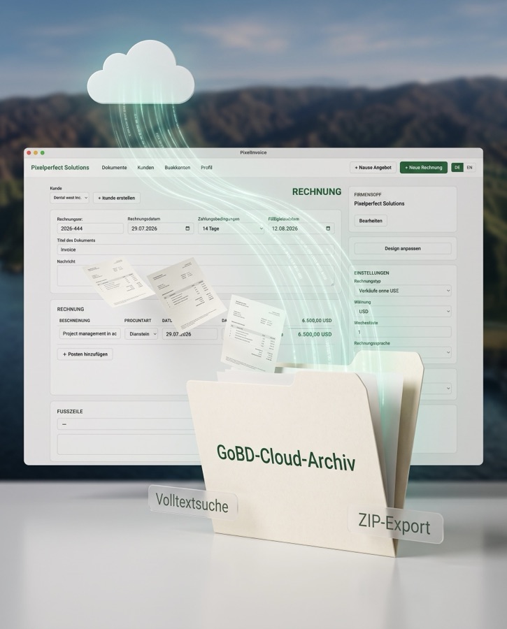 Belege werden automatisch und unveränderlich im GoBD-Cloud-Archiv gesichert, mit Volltextsuche und ZIP-Export