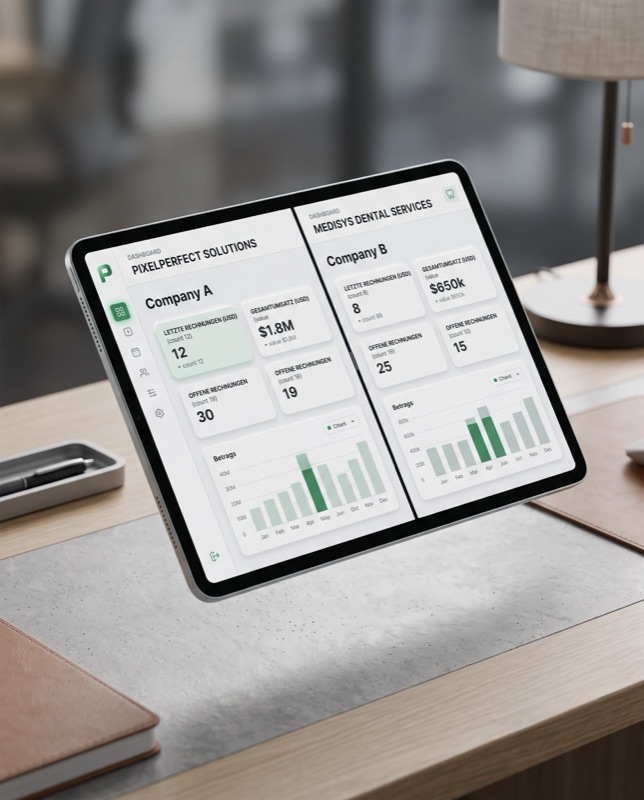 Zwei Firmenprofile gleichzeitig im Dashboard: Pixelperfect Solutions und ein zweites Unternehmen