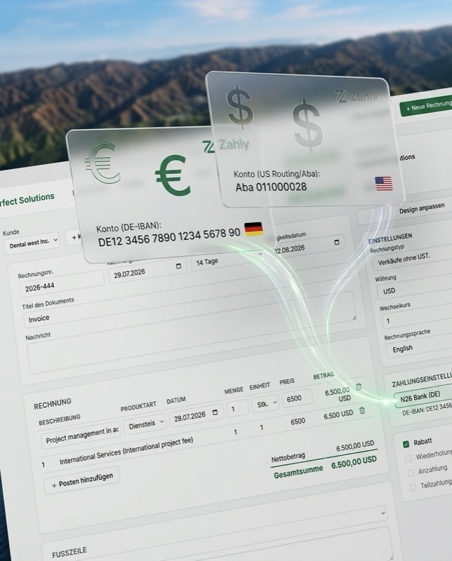 Rechnung mit mehreren Währungskonten (Euro und US-Dollar) und automatischem Wechselkurs-Handling