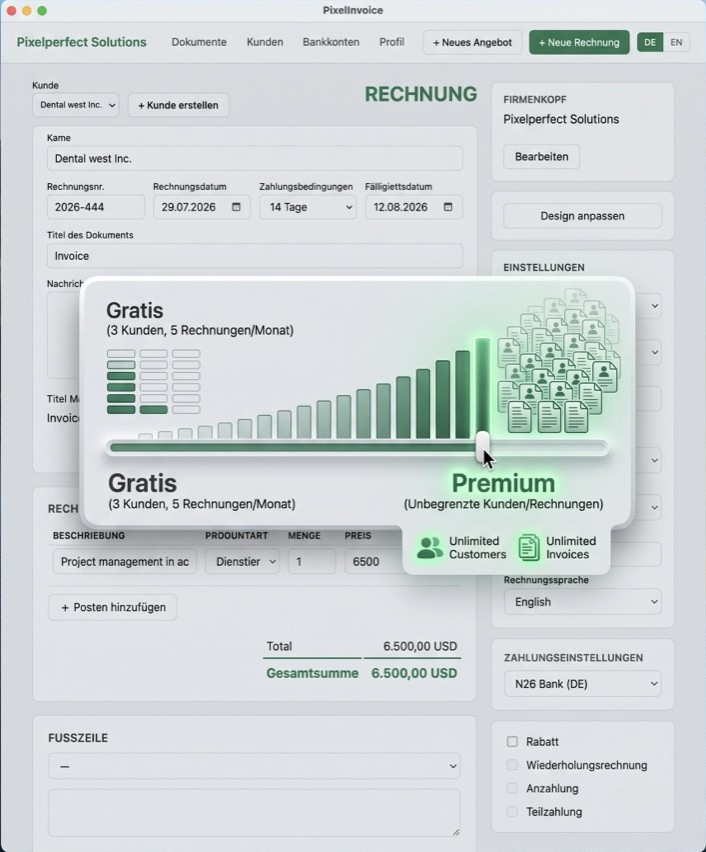 Regler zwischen Gratis-Tarif und Premium-Tarif mit unbegrenzten Kunden und Rechnungen