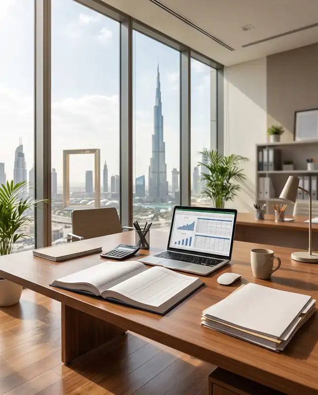 Arbeitsplatz in Dubai mit Blick auf den Burj Khalifa — Rechnungsexport im VAE-Format PINT AE