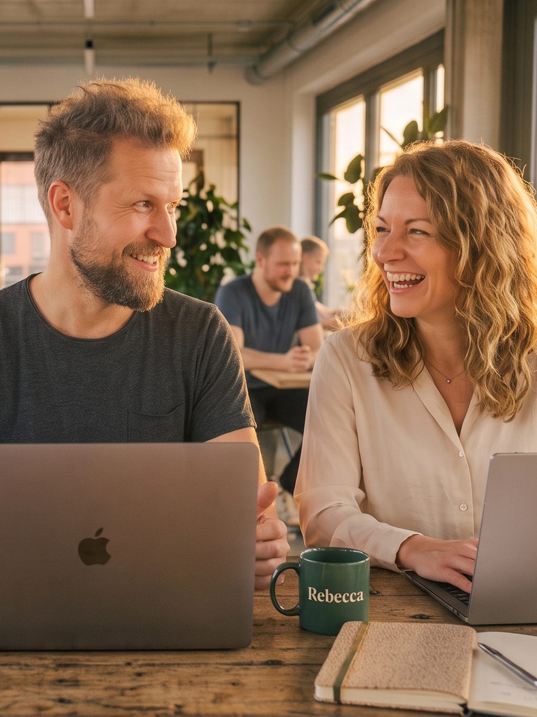 Zwei Freelancer arbeiten lächelnd nebeneinander mit Laptops in einem hellen Co-Working-Space