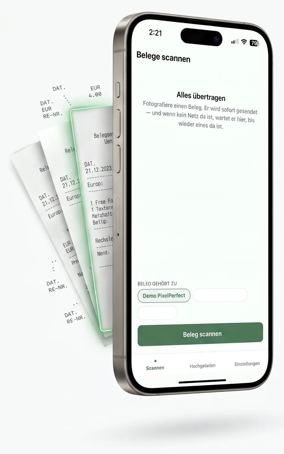 Zahly Scan auf dem iPhone: Startbildschirm mit der Schaltfläche Beleg scannen, daneben mehrere abfotografierte Kassenbelege