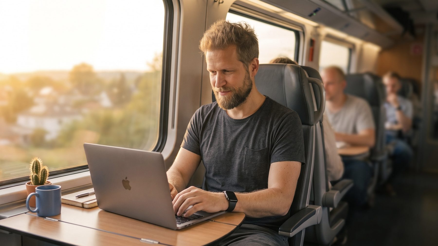 Ein Freelancer arbeitet entspannt mit Laptop im Zug bei Sonnenuntergang